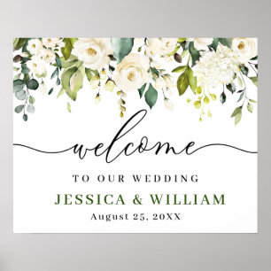 Elegant Eucalyptus White Roses Wedding Welcome Poster