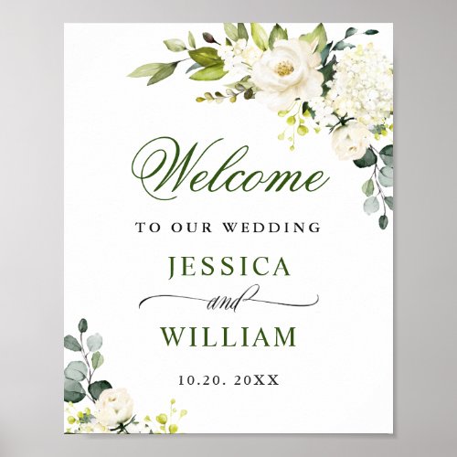 Elegant Eucalyptus White Roses Wedding Welcome Poster