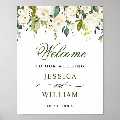 Elegant Eucalyptus White Roses Wedding Welcome Poster