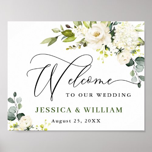 Elegant Eucalyptus White Roses Wedding Welcome Poster