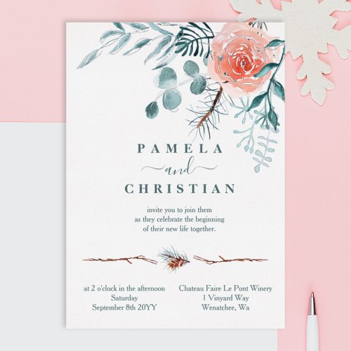 Elegant Eucalyptus Winter Blush Rose Wedding Foil Invitation