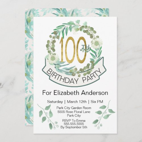 Elegant Eucalyptus Wreath 100th Birthday  Invitation