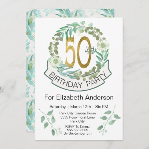 Elegant Eucalyptus Wreath 50th Birthday  Invitation