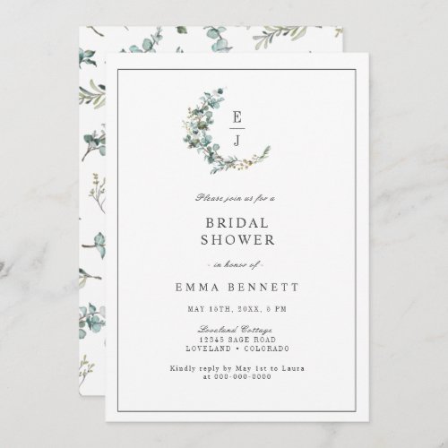 Elegant Eucalyptus Wreath Monogram Bridal Shower Invitation