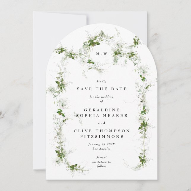 Elegant Eucalyptus Wreath Monogram Wedding Arch Save The Date (Front)