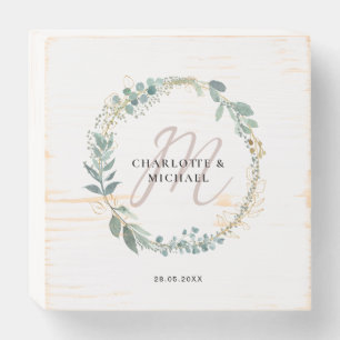 Elegant Eucalyptus Wreath Monogram Wedding  Wooden Box Sign