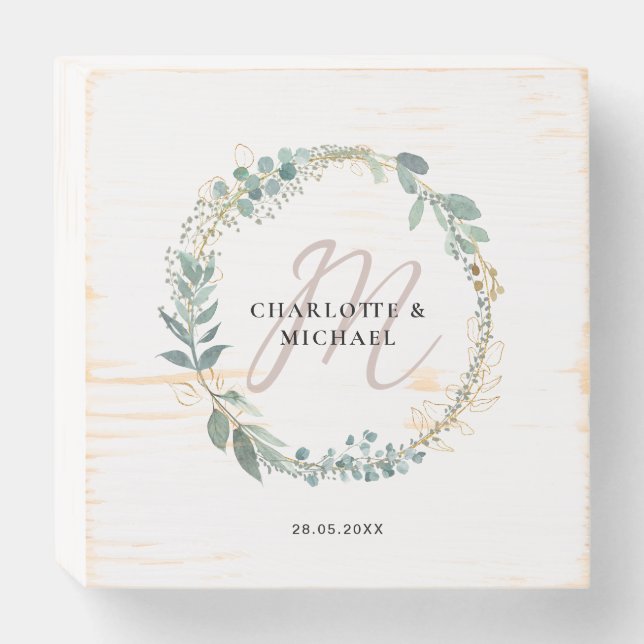Elegant Eucalyptus Wreath Monogram Wedding  Wooden Box Sign (Front Horizontal)