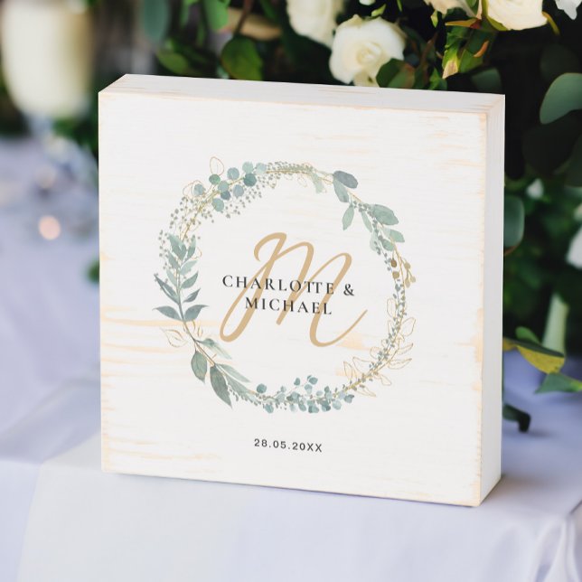 Elegant Eucalyptus Wreath Monogram Wedding  Wooden Box Sign (Creator Uploaded)