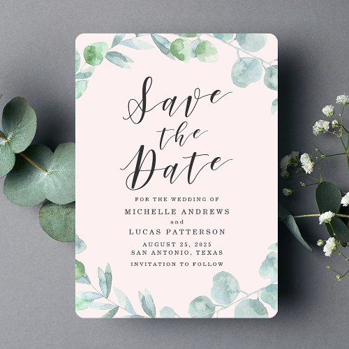 Elegant Eucalyptus Wreath Pink Save the Date Card