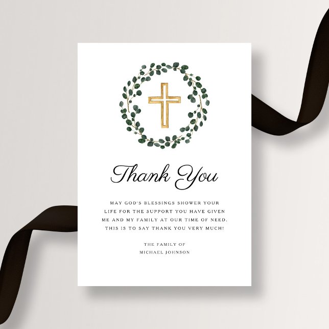 Elegant Eucalyptus Wreath Religious Cross Funeral Thank You Card (Elegant Eucalyptus Wreath Religious Cross Funeral Thank You Card)