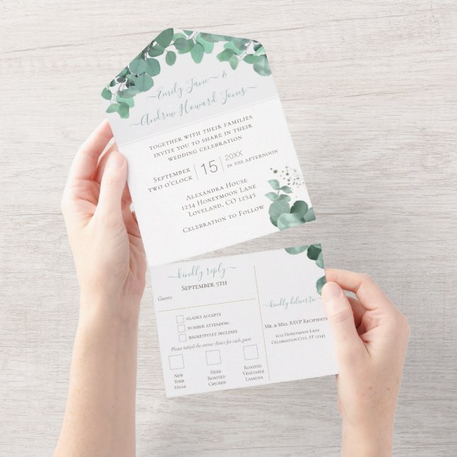 Elegant Eucalyptus Wreath Wedding All In One Invit Invitation (Tearaway)