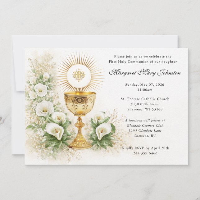 Elegant Eucharist First Communion Floral Invitation (Front)