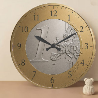 Elegant Euro Coin Golden Metallic European Map Art Large Clock