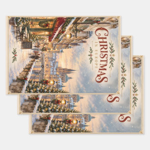 Elegant European Christmas Cityscape Holiday Wrapping Paper Sheets