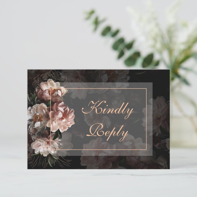 Elegant Evening Rose Gold Wedding RSVP  Card (Standing Front)