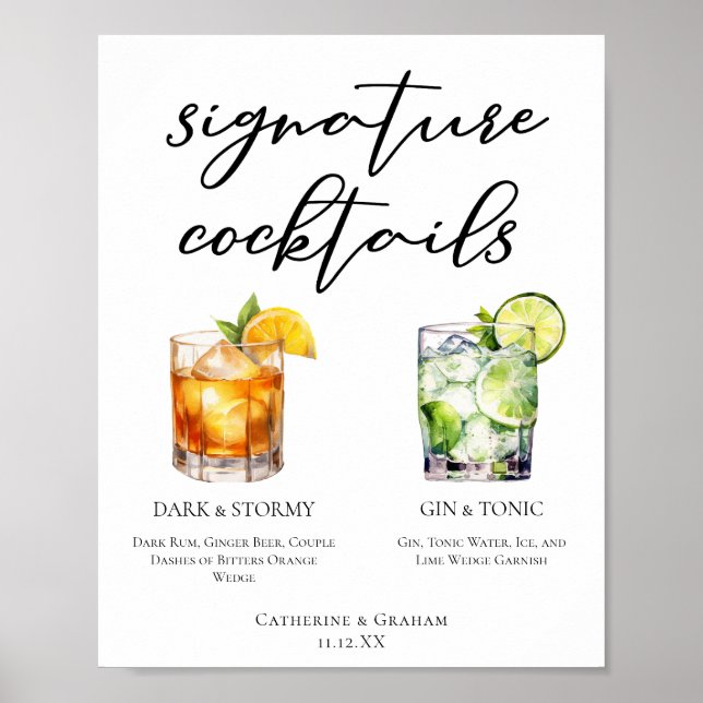 Elegant Evening Signature Cocktails Wedding Menu Poster (Front)