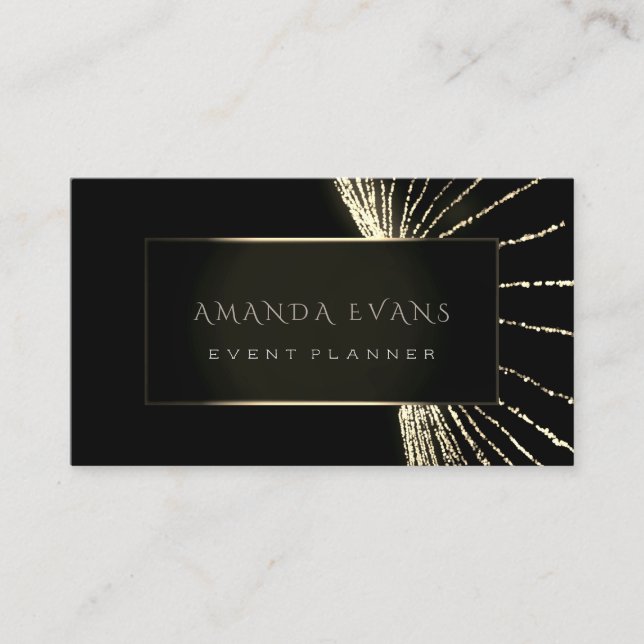 Elegant Event Planner Black Framed Golden Lights Business Card (Front)