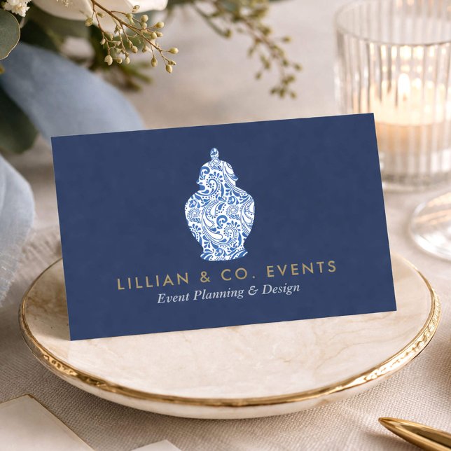 Elegant Event Planner Blue Ginger Jar Logo Business Card (Creator Uploaded)