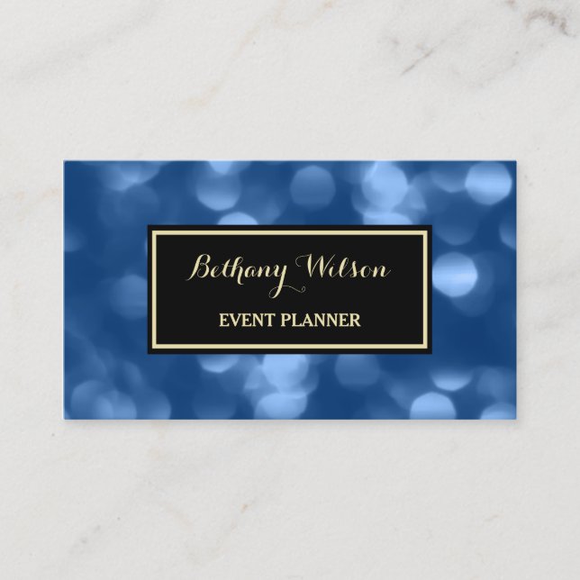 Elegant Event Planner Glamorous Blue Luxe Bokeh Business Card (Front)