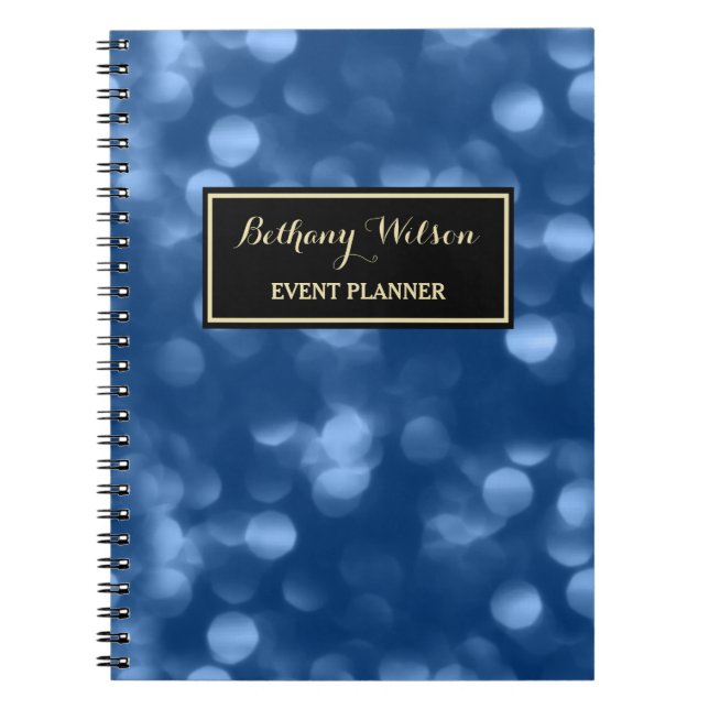 Elegant Event Planner Glamorous Blue Luxe Bokeh Notebook (Front)