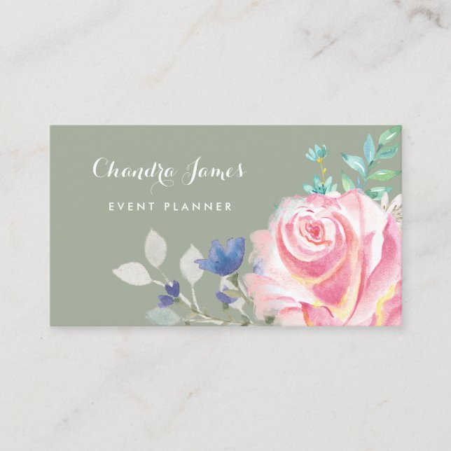 Elegant Event Planner With Beautiful Rose Floral Business Card (Front)