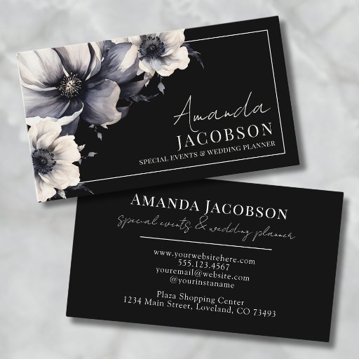 Customizable Elegant Event Wedding Planner Black Floral Business Card