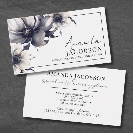 Customizable Elegant Event Wedding Planner Black White Floral Business Card