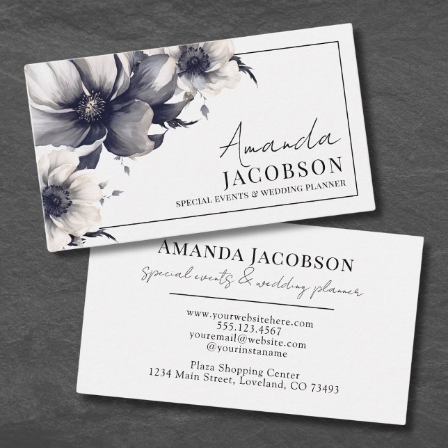 Elegant Event Wedding Planner Black White Floral Business Card (Elegant Event Wedding Planner Black White Floral Business Card)
