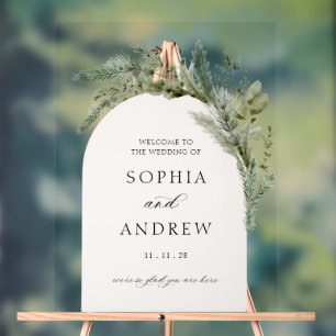Elegant Evergreen Arch Wedding Welcome Acrylic Sign