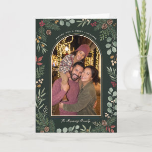 Elegant Evergreen Botanical Border Family Photos Holiday Card