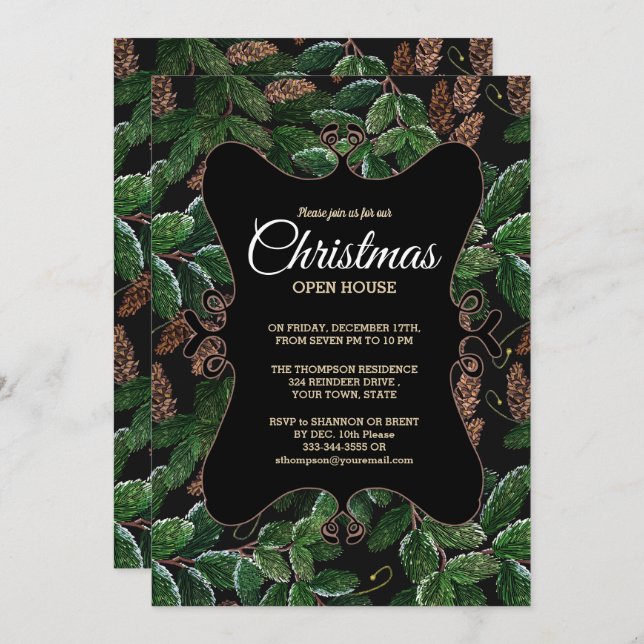 Elegant Evergreen Christmas Open House Invitation (Front/Back)