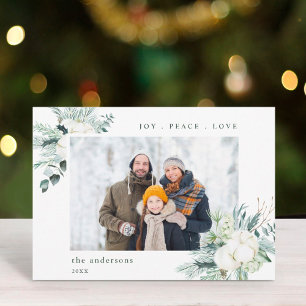 Elegant Evergreen & Cotton Flowers Joy Peace Love Holiday Card