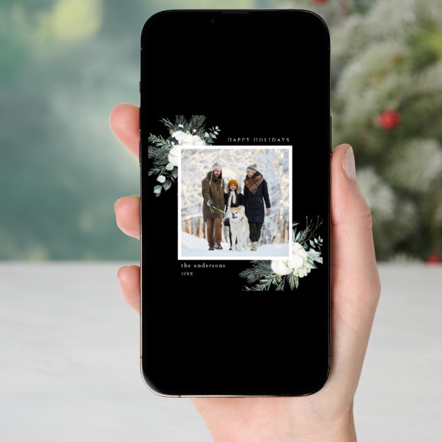 Elegant Evergreen & Cotton Flowers Photo Black Holiday Card (Front Digital)