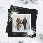 Elegant Evergreen & Cotton Flowers Photo Black Holiday Card<br><div class="desc">This Christmas | Holiday square card features hand-painted winter greenery,  cotton flowers accomplished with golden and watercolor textures on a black background.</div>
