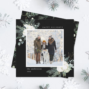 Elegant Evergreen & Cotton Flowers Photo Black Holiday Card
