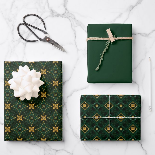 Elegant Evergreen Emerald Green and Gold Wrapping Paper Sheets (Front)