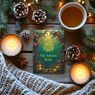 Elegant Evergreen Garland with Family Greeting Invitation