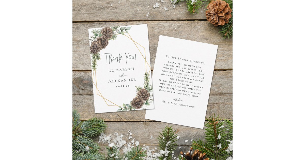 Elegant Evergreen Pine Cone Winter Wedding Thank You Card | Zazzle