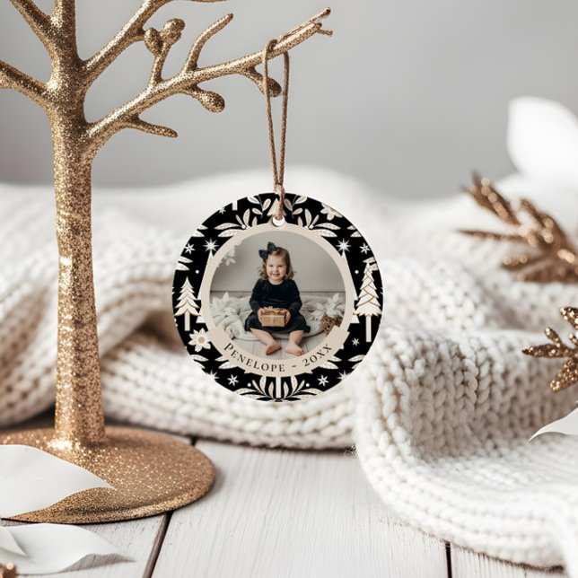 Elegant Evergreen Trees & Floral Photo Christmas Ceramic Ornament (Elegant Evergreen Trees & Floral Photo Christmas Ceramic Ornament)