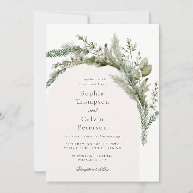 Elegant Evergreen Winter Greenery Wedding Invitation (Front)