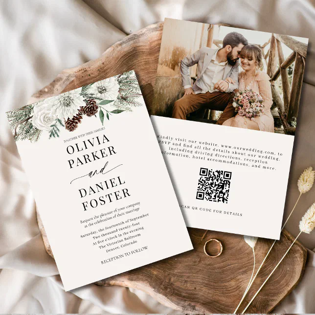 Elegant Evergreen Winter Photo QR Code Wedding Invitation | Zazzle