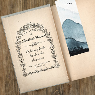 Elegant Ex Libris Library Quote Botanical Rubber Stamp