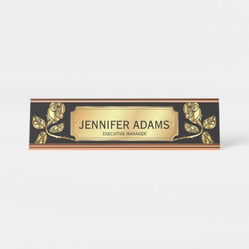 Elegant Executive Manager Gold Rose Flower  Desk Name Plate