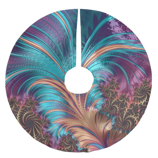 Elegant Exotic Abstract Feather Teal Purple Brushed Polyester Tree Skirt (Front)