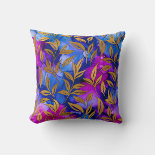Elegant Exotic Gold Leaves Abstract Purple Blue Throw Pillow