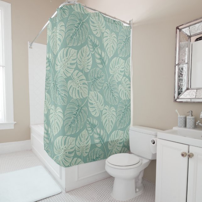 Elegant Exotic Painted Monsteras Shower Curtain (In Situ)
