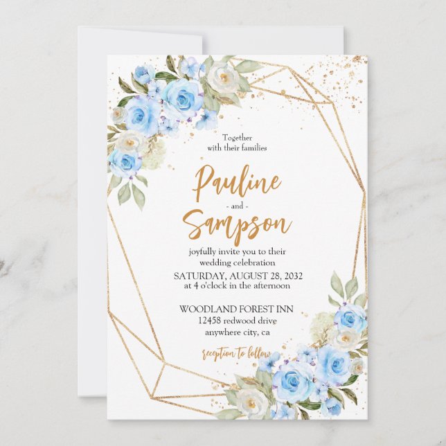 Elegant Exquisite Blue Flowers Wedding Invitation (Front)