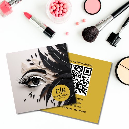Elegant Eye Feathers Black Gold Makeup MUA  Square Business Card