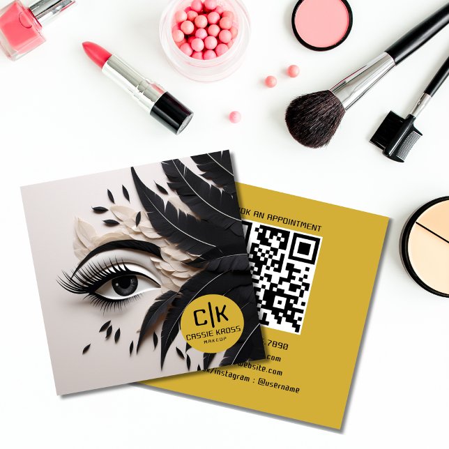 Elegant Eye Feathers Black Gold Makeup MUA  Square Business Card (Creator Uploaded)