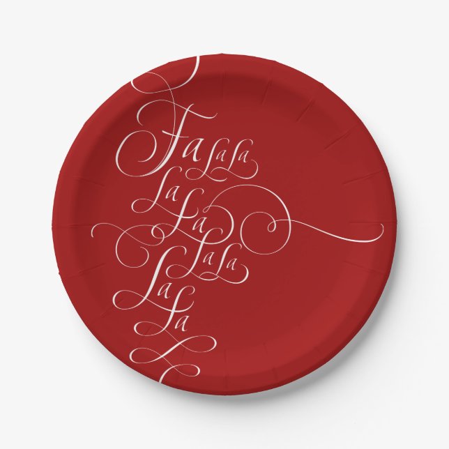 Elegant Fa la la - Christmas Calligraphy Red Paper Plates (Front)